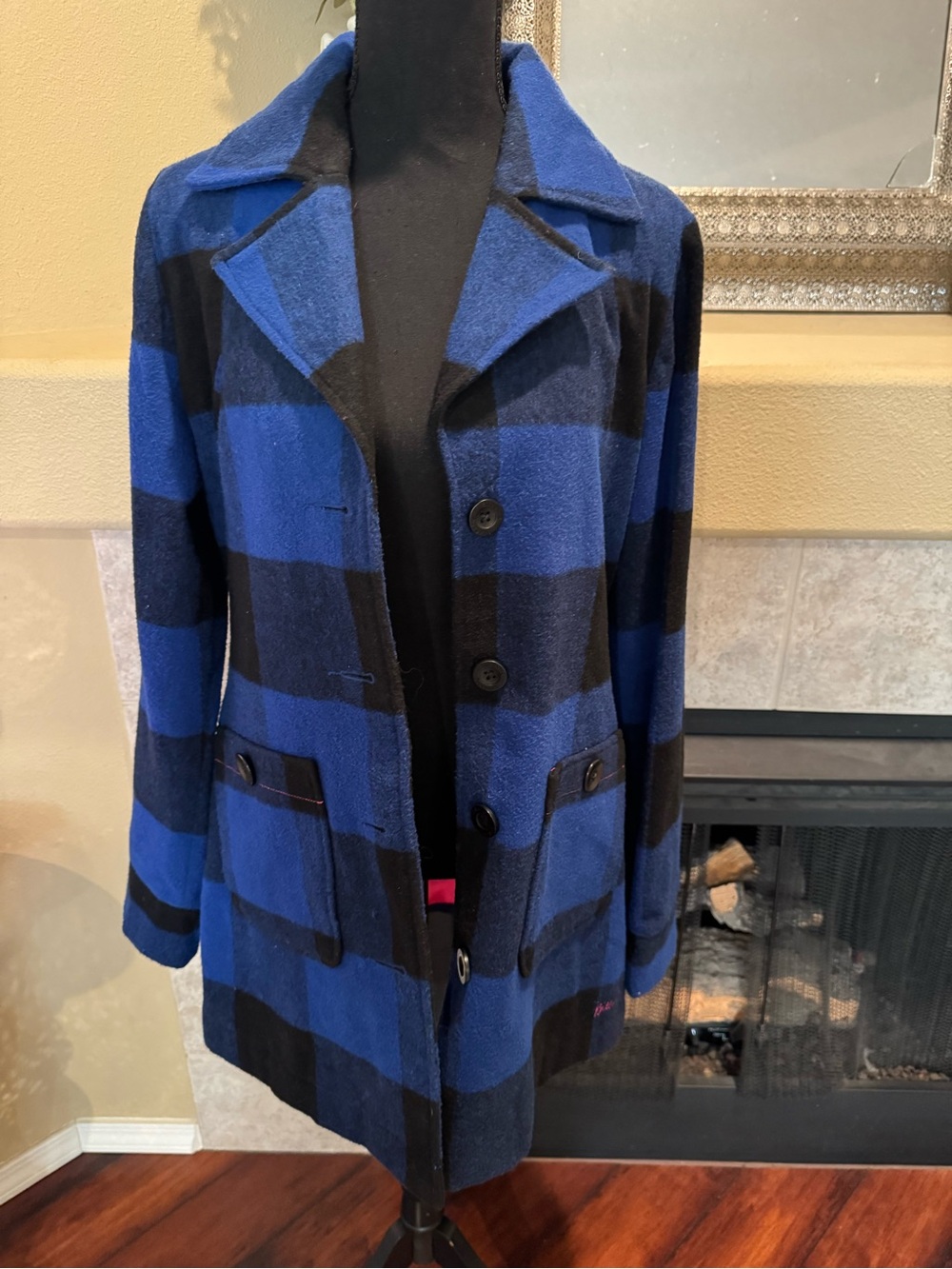 Vintage Y2K Billabong Blue & Black Plaid Wool Coat | Size L